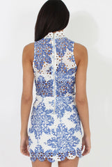 White & Blue Crochet V Front Dress - Dacia