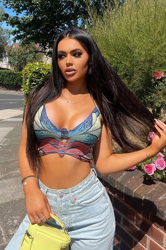 Multi Coloured Butterfly Lace Up Back Crop Top - Dacia