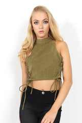 Daisy Khaki Suede Tie Up Crop Top