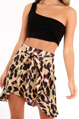 Leopard Satin Frill Tie Front Mini Skirt - Daizee