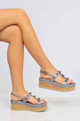 Gun Metal Grey Metallic Flatform Sandals with Large Bead Detail - Dajah
