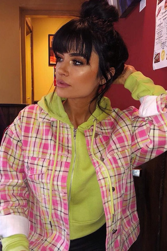 Pink Check Crop Denim Jacket - Dakira