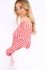 Red and White Striped Bardot Ruched Tie Top - Dakota