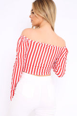 Red and White Striped Bardot Ruched Tie Top - Dakota