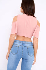 Nude Tie Front Cold Shoulder Crepe Crop Top - Dalia