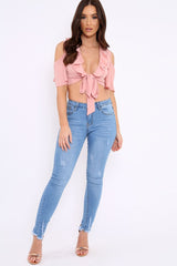 Nude Tie Front Cold Shoulder Crepe Crop Top - Dalia