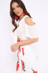 White Tie Front Cold Shoulder Crepe Crop Top - Dalia