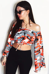 Orange Camo Extreme Flared Sleeved Crop Top - Dalis