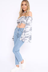 Grey Camo Extreme Flared Sleeved Crop Top - Dalis