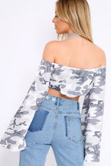 Grey Camo Extreme Flared Sleeved Crop Top - Dalis