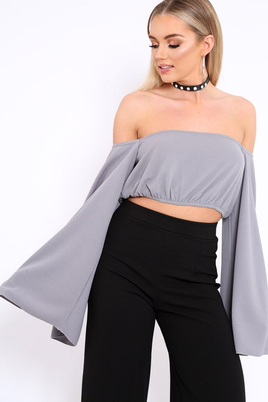 Grey Extreme Flared Sleeved Crop Top - Dalis
