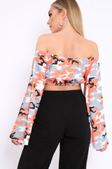 Orange Camo Extreme Flared Sleeved Crop Top - Dalis