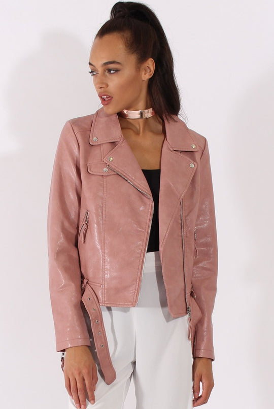 Pink Faux Leather Biker Jacket - Dallas