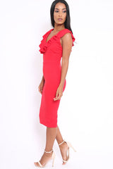 Red Ruffle Plunge Neck Dress - Damara