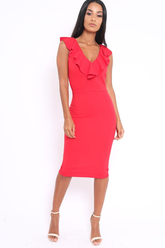 Red Ruffle Plunge Neck Dress - Damara