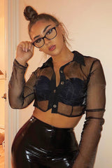 Black Sheer Button Front Crop Blouse - Damari