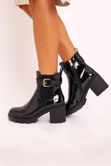 Black Patent Buckle Heeled Chelsea Boot - Damari