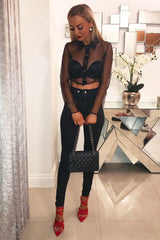 Black Sheer Button Front Crop Blouse - Damari