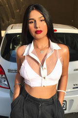 White Sheer Button Front Crop Blouse - Damari