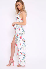 White Floral Front Split Trousers And Crop Co-Ord - Damaria
