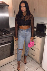 Black Sheer Button Front Crop Blouse - Damari