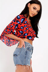 Red Leopard Print Ruched Crop Top - Damira