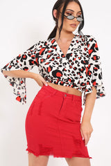White Leopard Print Ruched Crop Top - Damira
