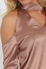 Taupe Satin Cold Shoulder Choker Top - Dana