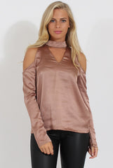 Taupe Satin Cold Shoulder Choker Top - Dana