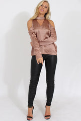 Taupe Satin Cold Shoulder Choker Top - Dana