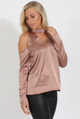 Taupe Satin Cold Shoulder Choker Top - Dana