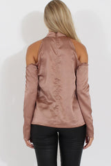 Taupe Satin Cold Shoulder Choker Top - Dana