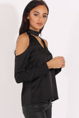 Black Satin Cold Shoulder Choker Top - Dana