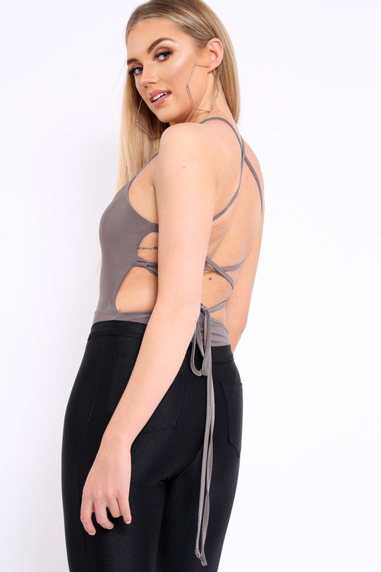 Grey Slinky Lace Up Back Bodysuit - Danella