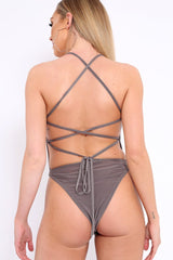 Grey Slinky Lace Up Back Bodysuit - Danella