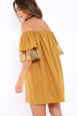 Mustard Shift Dress With Tassle Sleeves - Danielle
