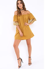 Mustard Shift Dress With Tassle Sleeves - Danielle