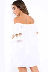 White Shift Dress With Tassle Sleeves - Danielle