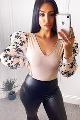 Nude Plunge Black Floral Sheer Puff Sleeves Bodysuit - Zoiey
