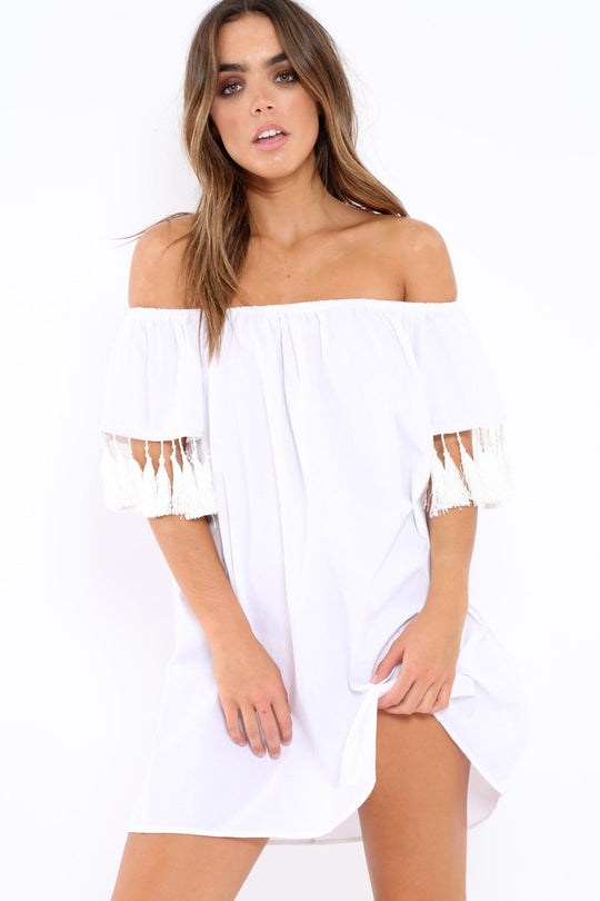 White Shift Dress With Tassle Sleeves - Danielle