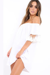 White Shift Dress With Tassle Sleeves - Danielle