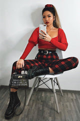 Red Check Belted Tapered Trousers - Reanne
