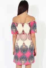 Orange & Pink Indian Print Bardot Dress - Daphne
