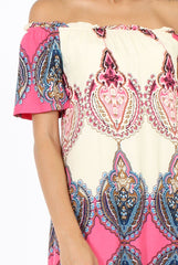Orange & Pink Indian Print Bardot Dress - Daphne