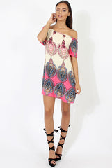 Orange & Pink Indian Print Bardot Dress - Daphne