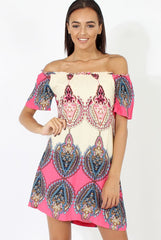 Orange & Pink Indian Print Bardot Dress - Daphne