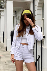 White Contrast Stitch Frayed Hem Denim Shorts - Jessie