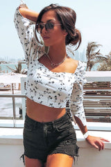 White Black Floral Puff Sleeve Zip Back Crop Top - Carie