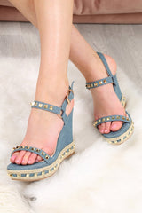 Light Blue Denim Studded Wedges - Darcy