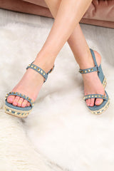 Light Blue Denim Studded Wedges - Darcy